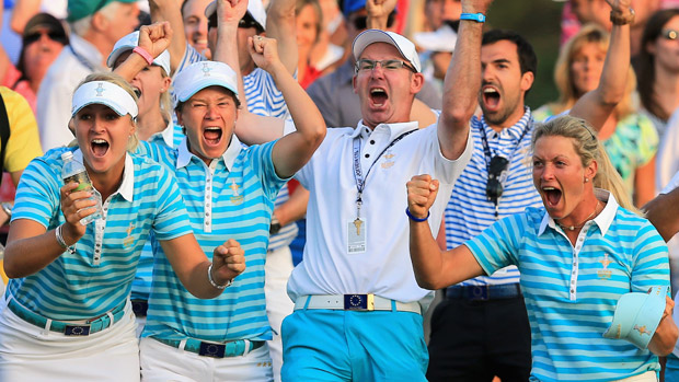 Team Europe celebrates during the afternoon four-ball matches at the Solheim Cup