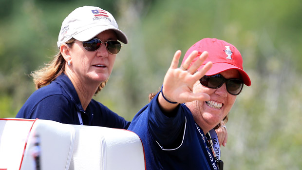 Meg Mallon and Beth Daniel during practice for the 2013 Solheim Cup