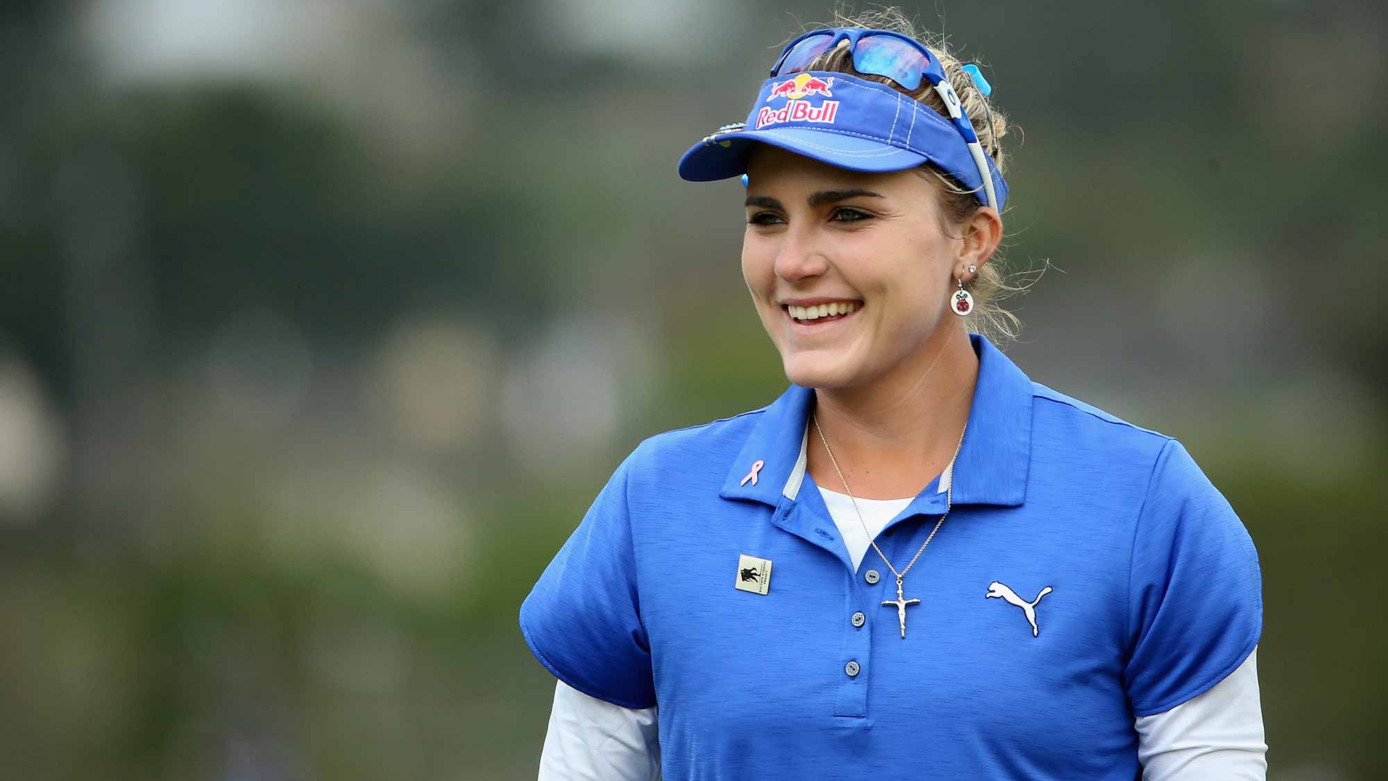 Lexi Thompson smiles on the 12th green during round two of the Swinging Skirts LPGA Classic at Lake Merced Golf Club