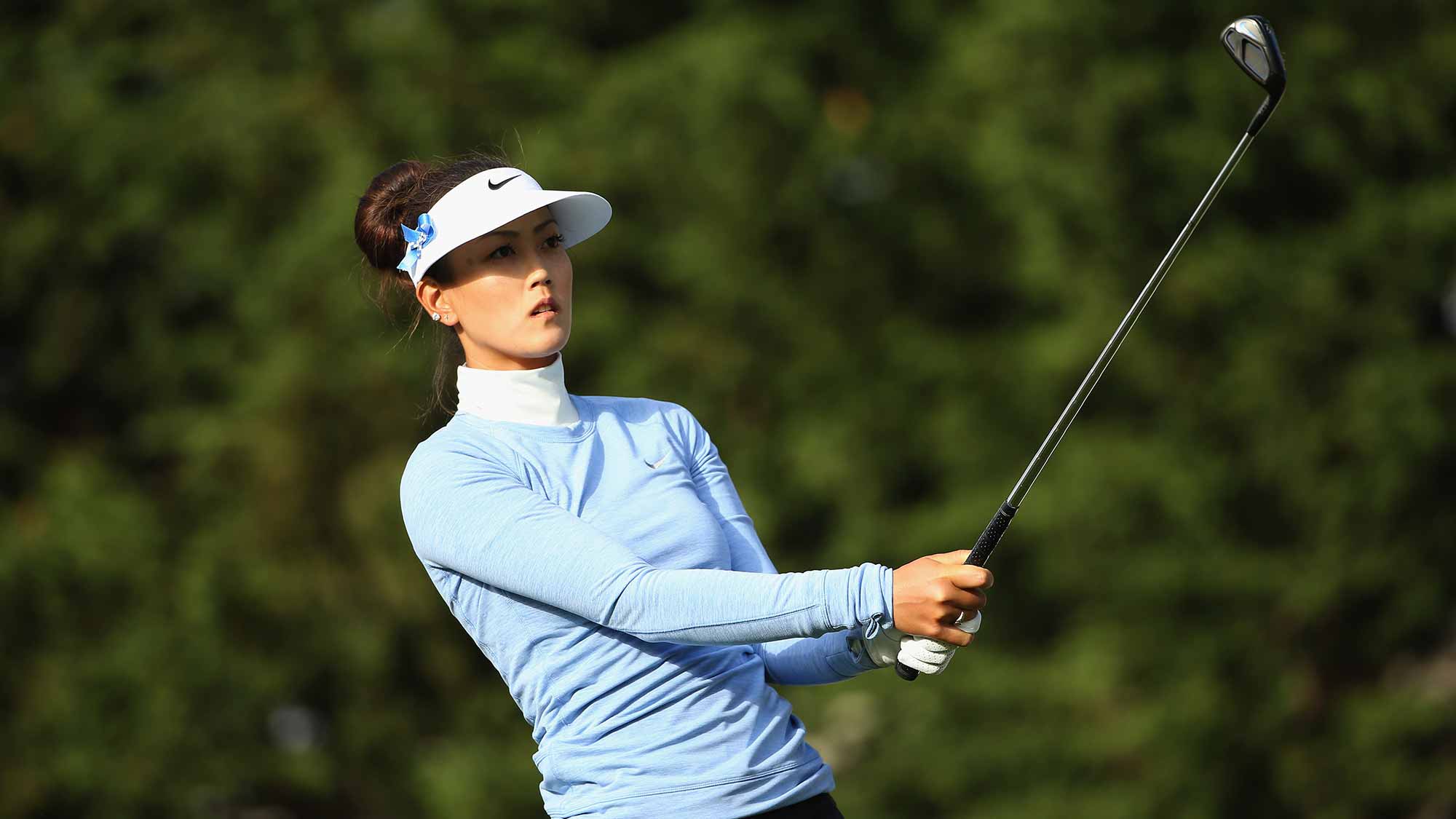 Michelle Wie tees off on the 12th hole during round two of the Swinging Skirts LPGA Classic at Lake Merced Golf Club