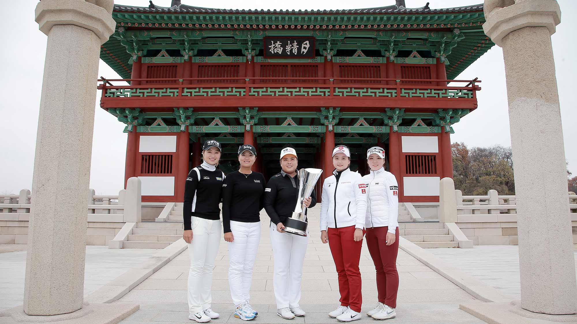 Jeongeun Lee6, Jin Young Ko, Inbee Park and members of the KLPGA pose for a photo during the Orange Life Champions Trophy Inbee Park Invitational at Blue One The Honors Country Club in Gyeongju, Republic of Korea
