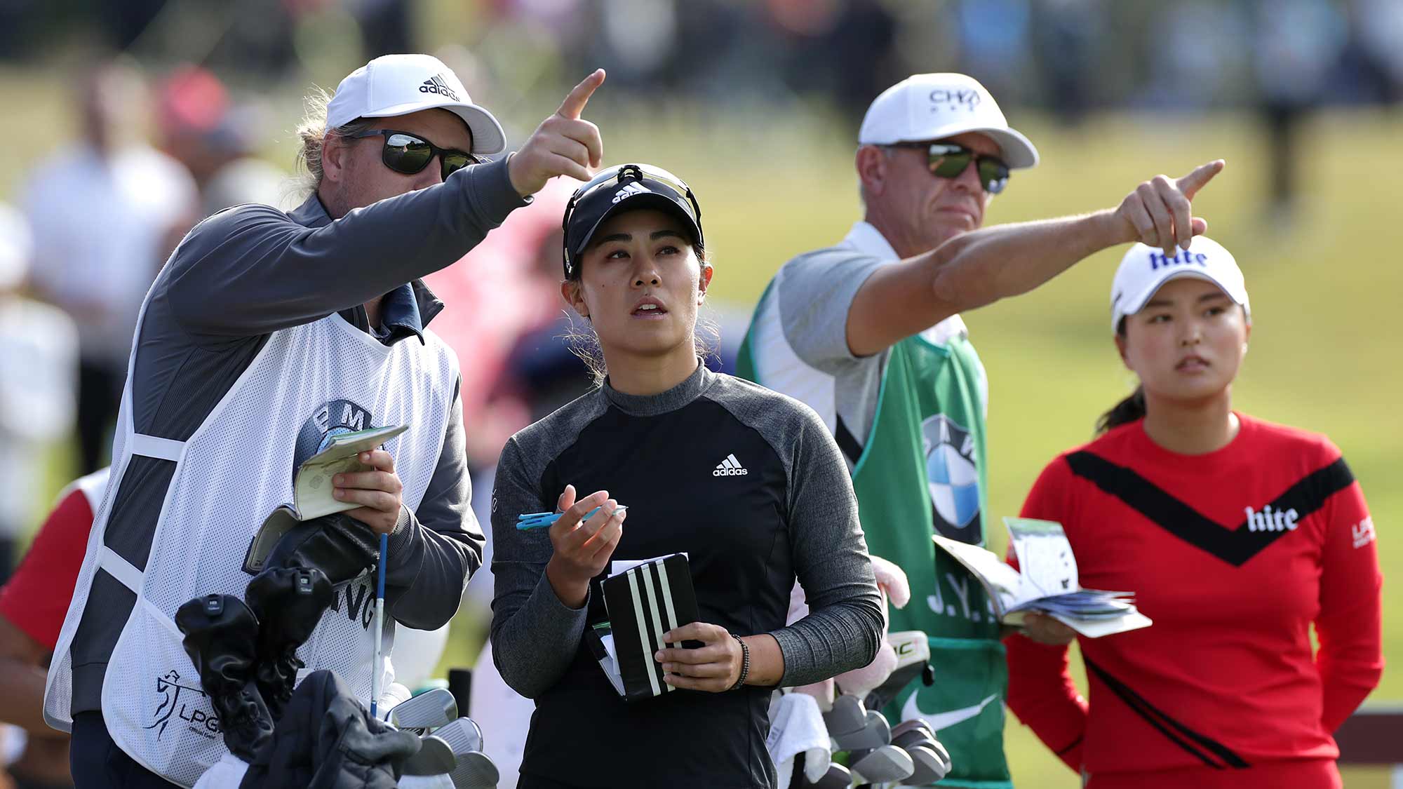 Danielle Kang and Jin Young Ko on the fifteen hole during Round 2 of 2019 BMW Ladies Championship at LPGA International Busan on October 25, 2019 in Busan, Republic of Korea