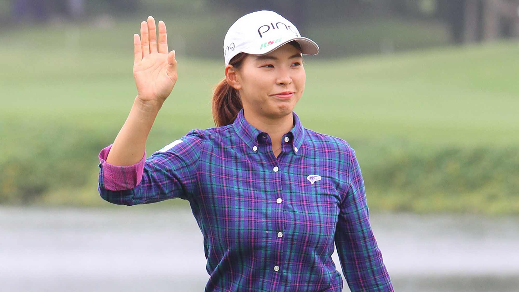 Hinako Shibuno waves during a practice round at the 2019 Taiwan Swinging Skirts LPGA presented by CTBC