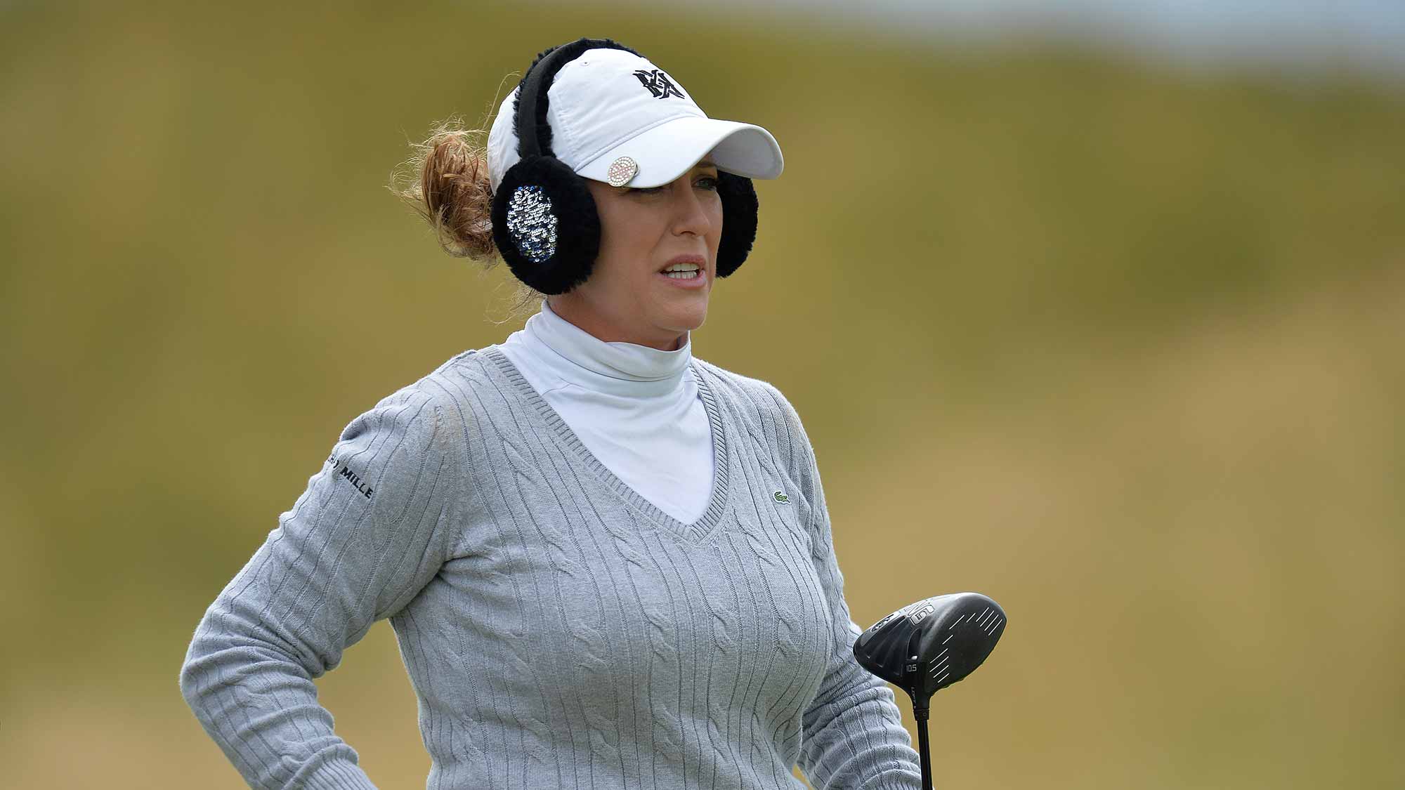 Cristie Kerr of USA waits to play at the 2nd tee during the third day of the Aberdeen Asset Management Ladies Scottish Open at Dundonald Links Golf Course