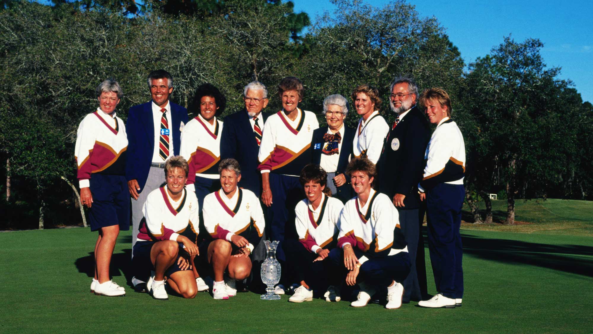 The victorious USA team with the Solheim family after the Solheim Cup in 1990